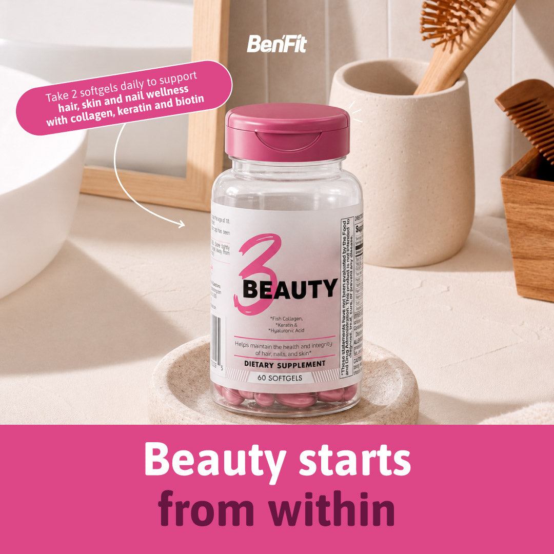 BenFit 3 Beauty supplement displayed in a self-care setting with collagen, keratin, hyaluronic acid, and biotin for hair, skin, and nail wellness.
