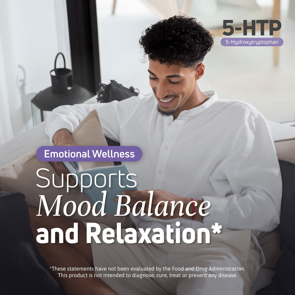 Young adult enjoying a relaxed moment while using 5-HTP supplement to support emotional wellness, mood balance, and relaxation.