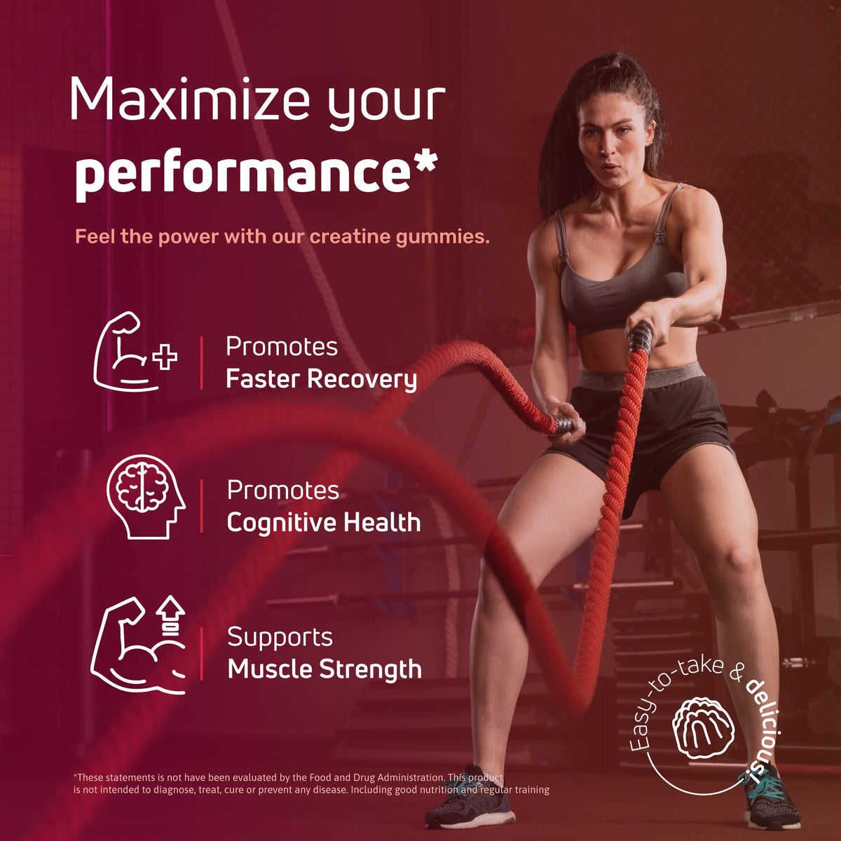 Woman training with battle ropes while using creatine monohydrate gummies to support workout performance, muscle strength, faster recovery, and cognitive health.