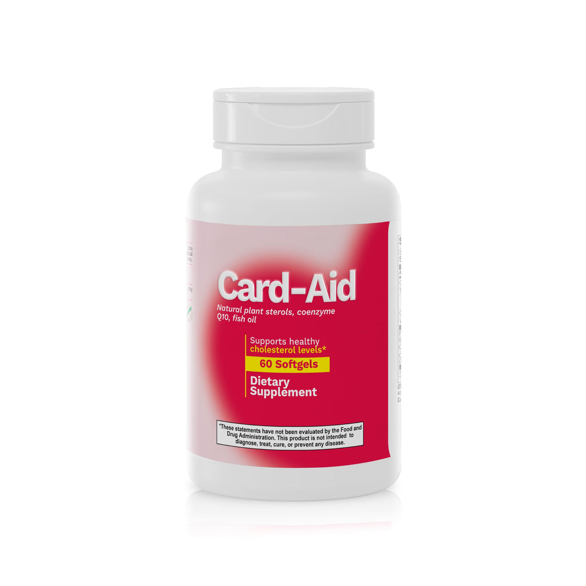 Card-Aid cholesterol support supplement with plant sterols, CoQ10, and fish oil in a 60 softgel bottle.