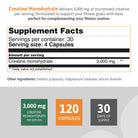 Creatine monohydrate capsules Supplement Facts showing 3,000 mg of micronized creatine per serving, 120 capsules, and a 30-day supply.