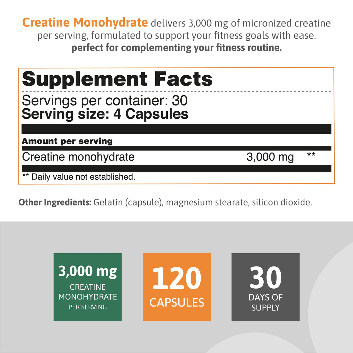 Creatine monohydrate capsules Supplement Facts showing 3,000 mg of micronized creatine per serving, 120 capsules, and a 30-day supply.