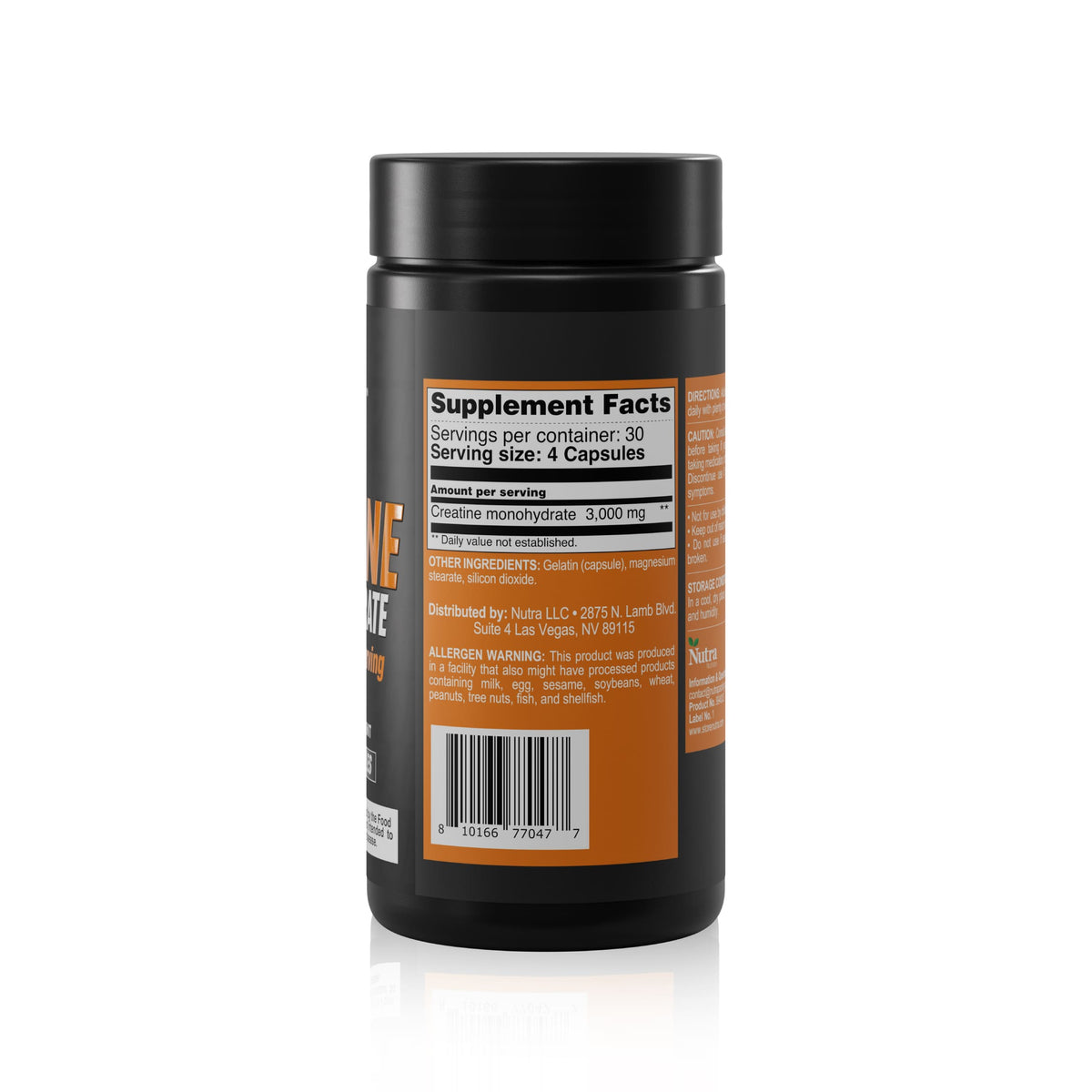Supplement Facts label for creatine monohydrate capsules showing 3,000 mg per serving, serving size, and nutrition information.