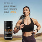 Woman running outdoors using creatine monohydrate capsules to support strength, endurance, workout performance, and athletic training.