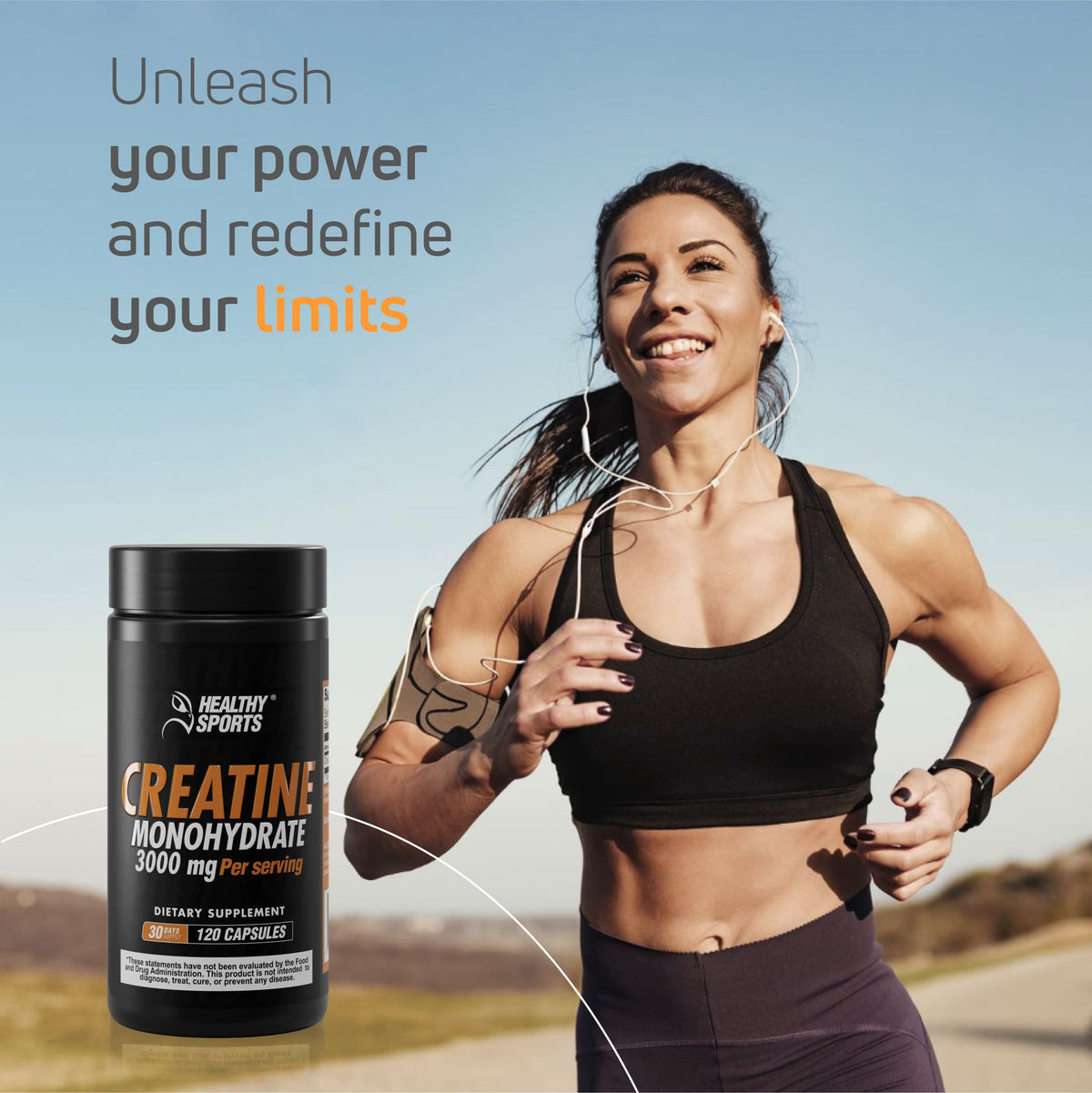Woman running outdoors using creatine monohydrate capsules to support strength, endurance, workout performance, and athletic training.