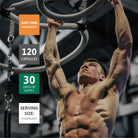 Athlete training with creatine monohydrate capsules to support muscle strength, workout performance, and daily fitness with a 120-capsule supply.