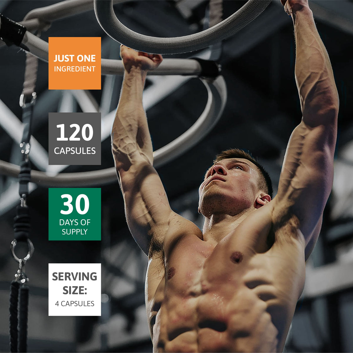 Athlete training with creatine monohydrate capsules to support muscle strength, workout performance, and daily fitness with a 120-capsule supply.