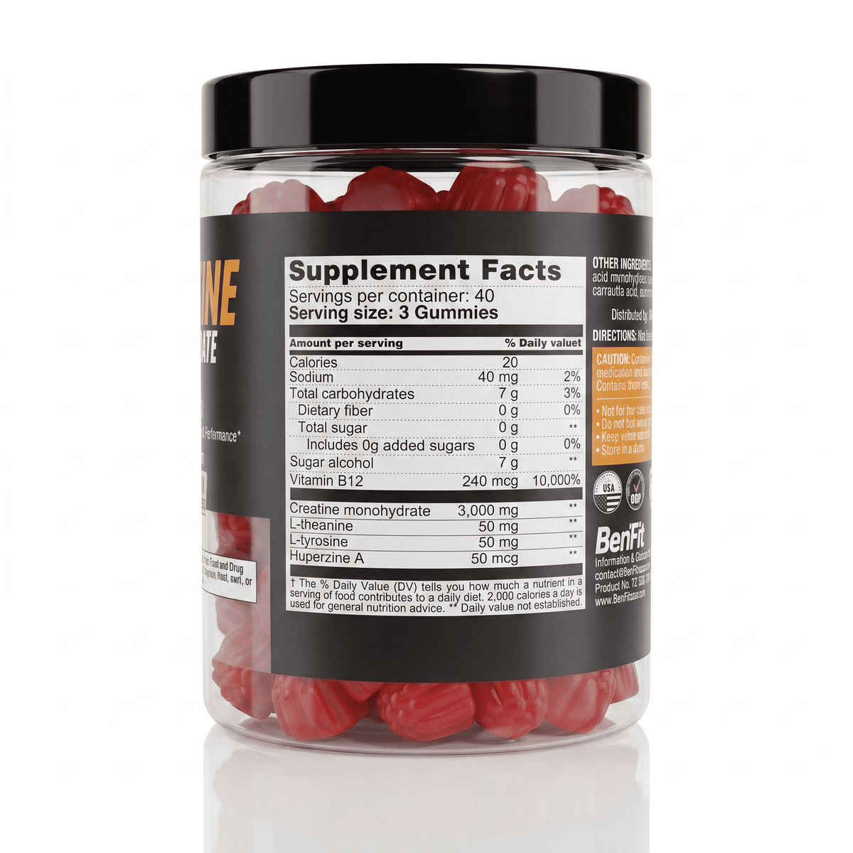 Back view of Benfit Creatine Monohydrate Gummies showing Supplement Facts, directions for use, and nutritional information.