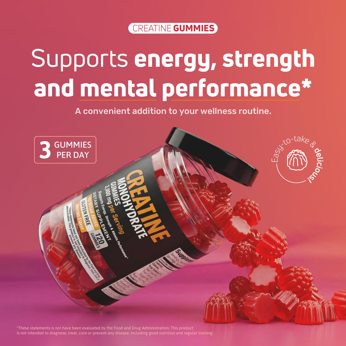 Creatine monohydrate gummies formulated to support strength, energy, athletic performance, and daily training with an easy-to-take berry flavored formula.