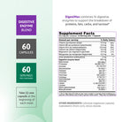 DigestMax supplement facts showing a 500 mg digestive enzyme blend with 14 enzymes, 60 capsules, and directions to take one capsule before each meal.