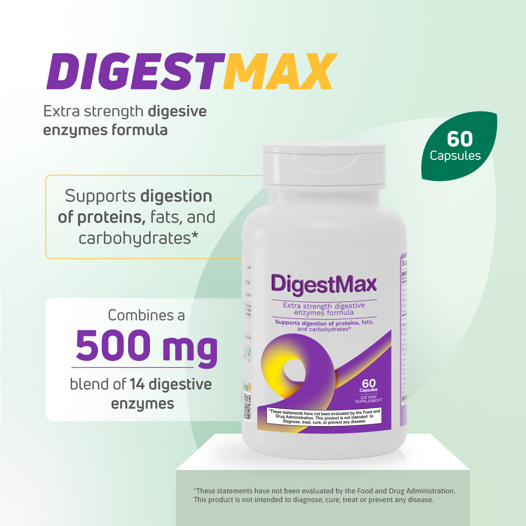 DigestMax digestive enzymes supplement with a 500 mg blend of 14 digestive enzymes to support digestion of proteins, fats, and carbohydrates, 60 capsules.