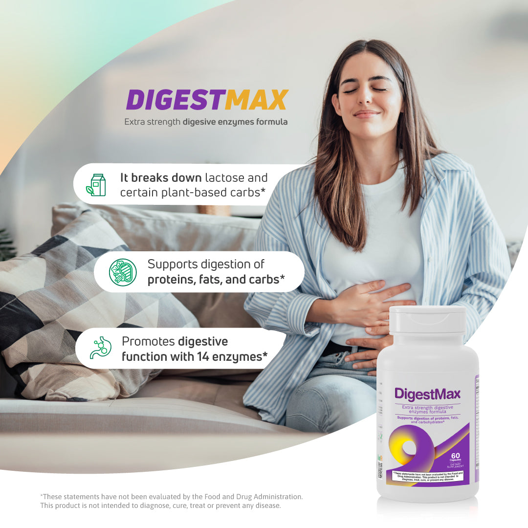 DigestMax digestive enzyme formula supporting the digestion of proteins, fats, carbohydrates, and lactose with a blend of 14 digestive enzymes.