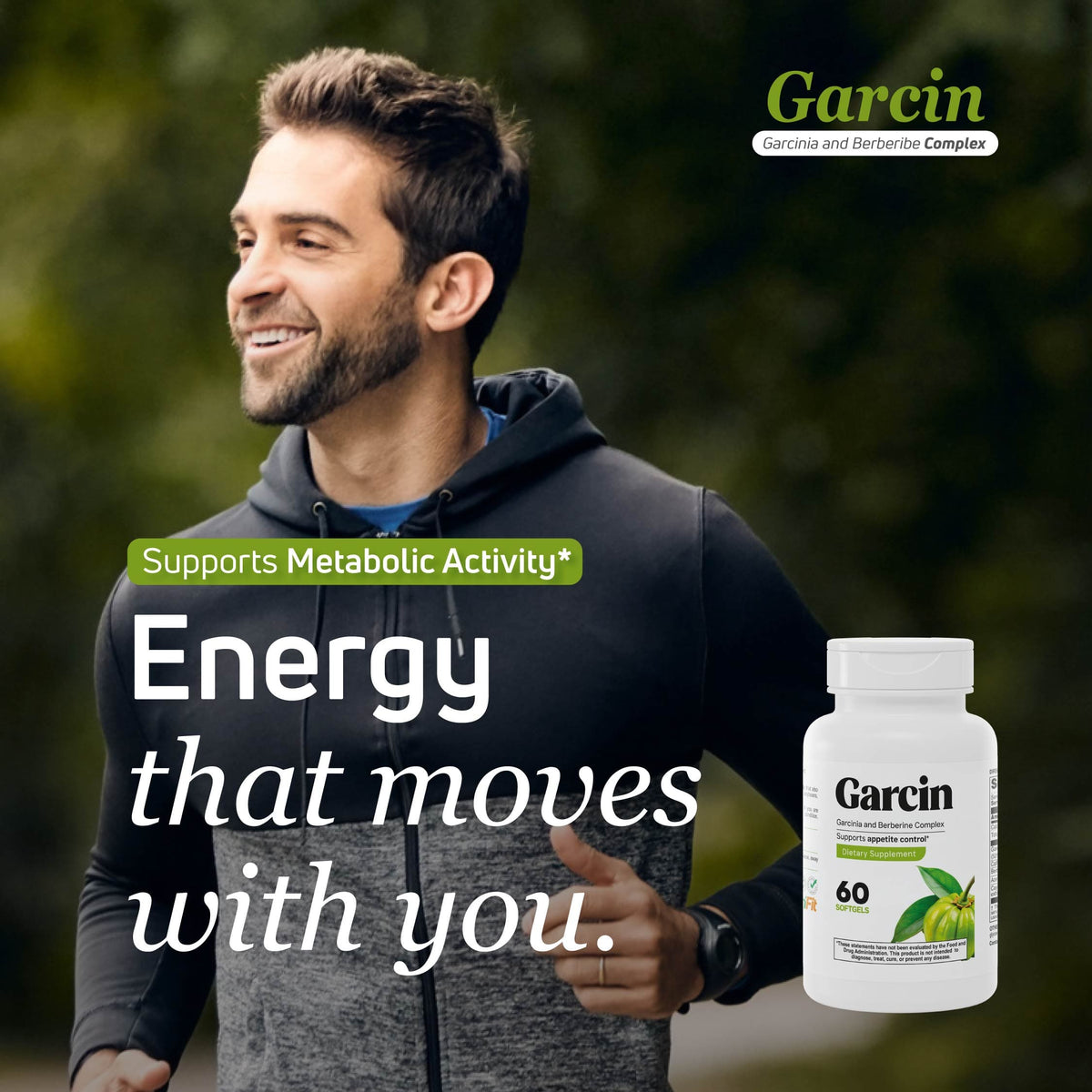 Man jogging with Garcin Garcinia Cambogia and Berberine Complex to support metabolic activity, energy, appetite control, and healthy weight management.