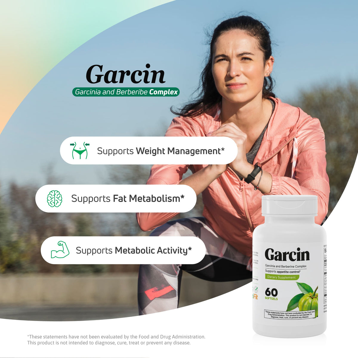Woman exercising with Garcin Garcinia Cambogia and Berberine supplement formulated to support weight management, fat metabolism, and metabolic activity.