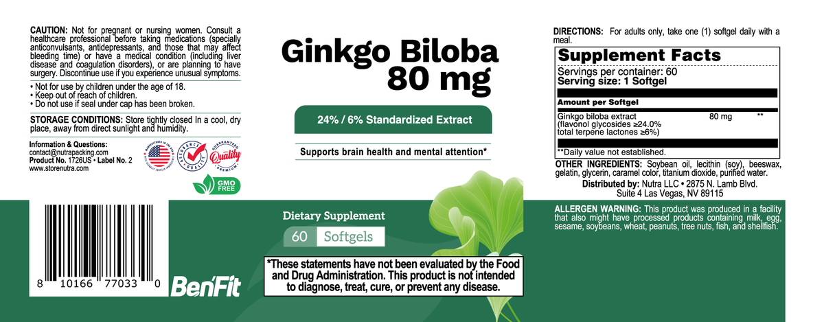 Ginkgo Biloba 80 mg dietary supplement with standardized 24% flavonol glycosides and 6% terpene lactones, 60 softgels, with Supplement Facts.