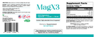 MagX3 magnesium supplement with 400 mg of magnesium from aspartate, lactate and citrate, 100 softgels, with Supplement Facts and directions.