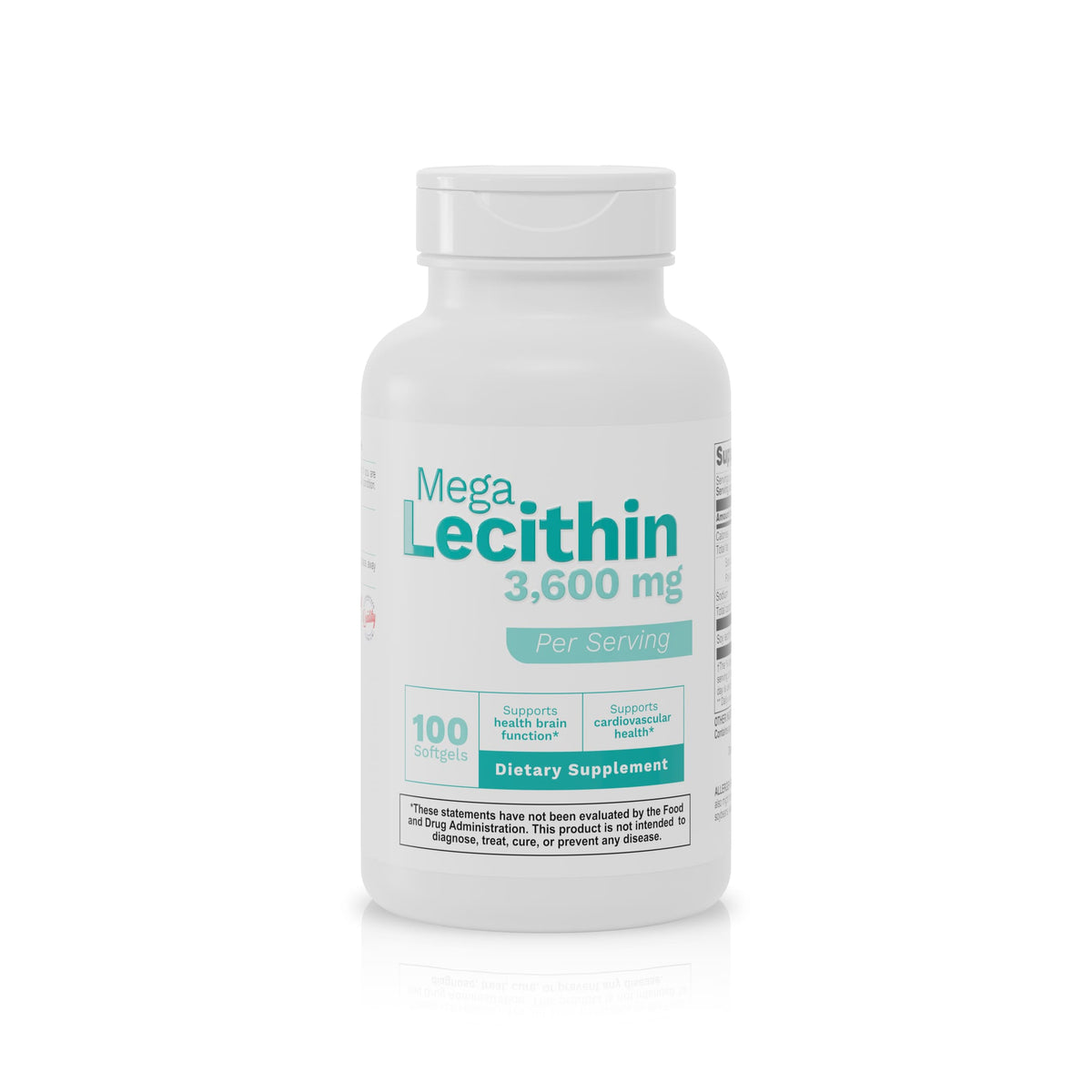 Mega Lecithin 3600 mg soy lecithin supplement with phospholipids, 100 softgels for daily brain and cardiovascular wellness support.