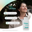 Older adult using Mega Lecithin soy lecithin supplement to support brain health, cognitive wellness, and daily mental performance.