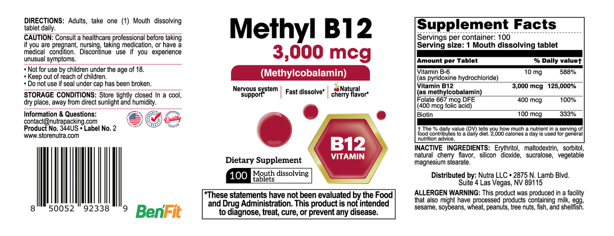 BenFit Methyl B12 3,000 mcg methylcobalamin supplement with B6, folate and biotin, 100 mouth-dissolving tablets, with Supplement Facts and directions.