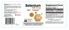Selenium 200 mcg dietary supplement label with 100 tablets, showing Supplement Facts, ingredients, directions, and antioxidant and immune health support information.