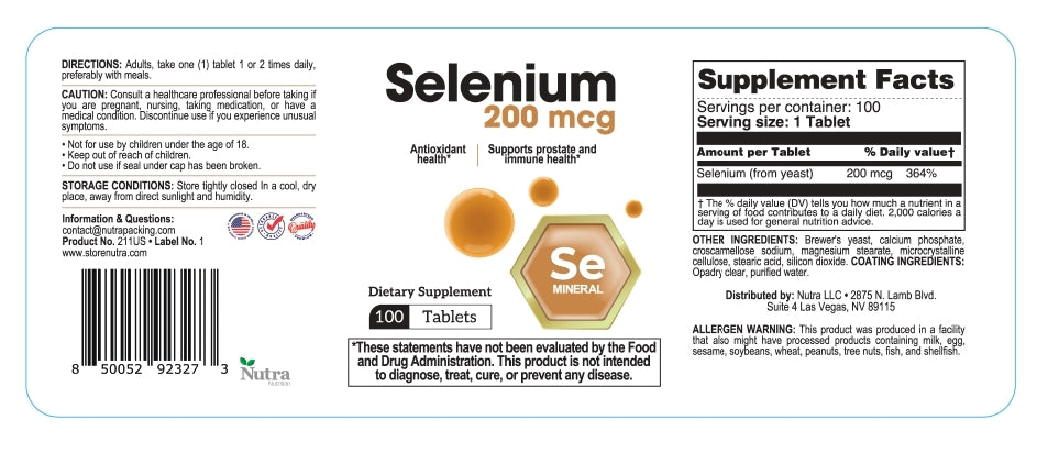 Selenium 200 mcg dietary supplement label with 100 tablets, showing Supplement Facts, ingredients, directions, and antioxidant and immune health support information.