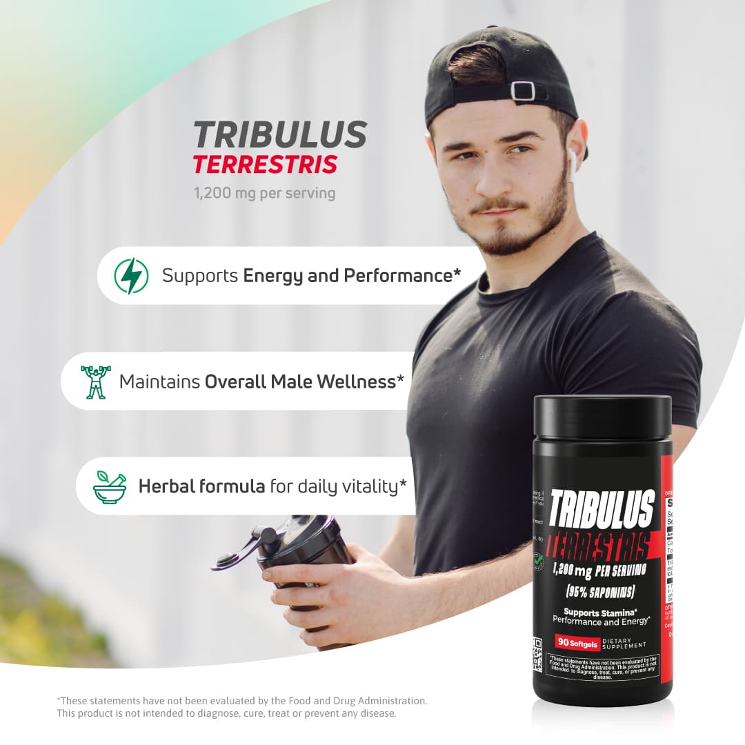 Benfit Tribulus Terrestris 1200 mg dietary supplement with 95% saponins to support energy, performance, daily vitality, and men's wellness.