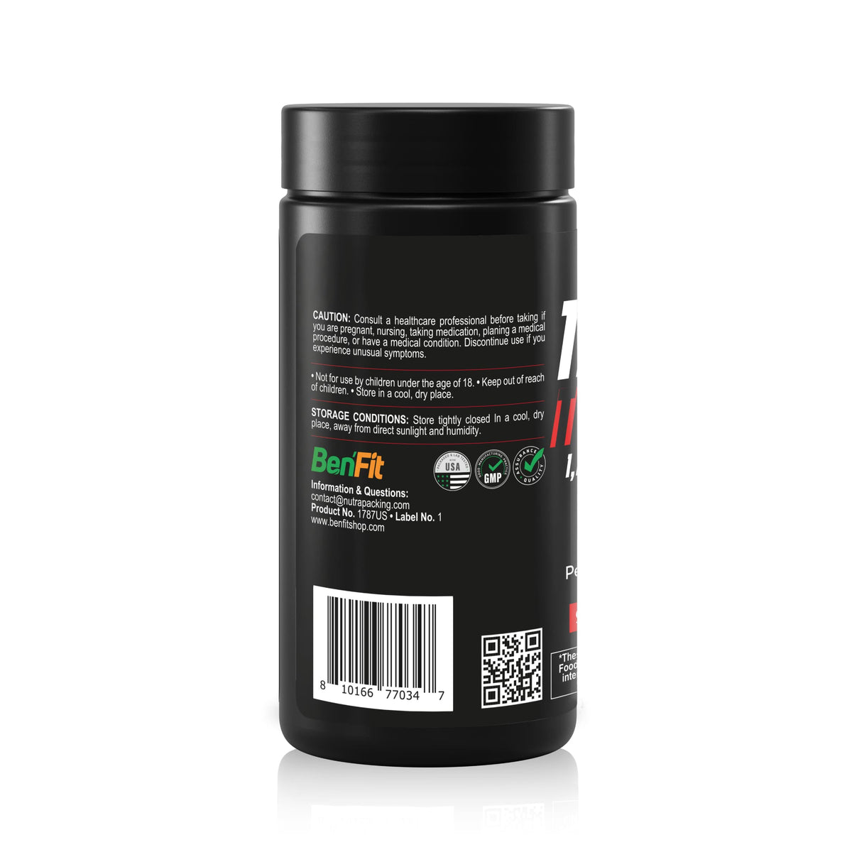 Back label of Tribulus Terrestris 1200 mg softgels showing storage instructions, safety warnings, barcode, and manufacturer information.