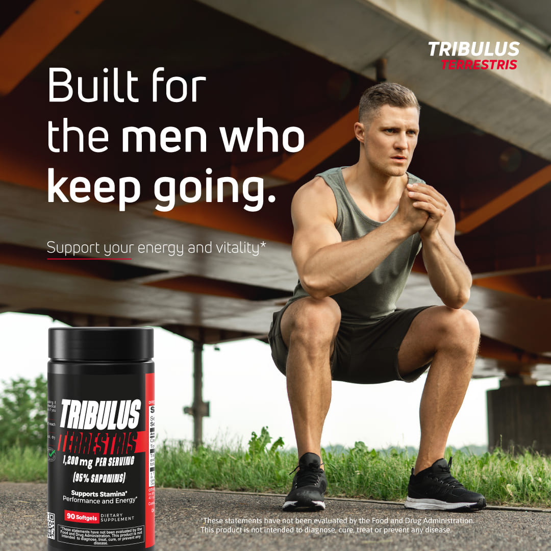 Tribulus Terrestris 1200 mg dietary supplement with 95% saponins for energy, performance, stamina, and men's vitality.