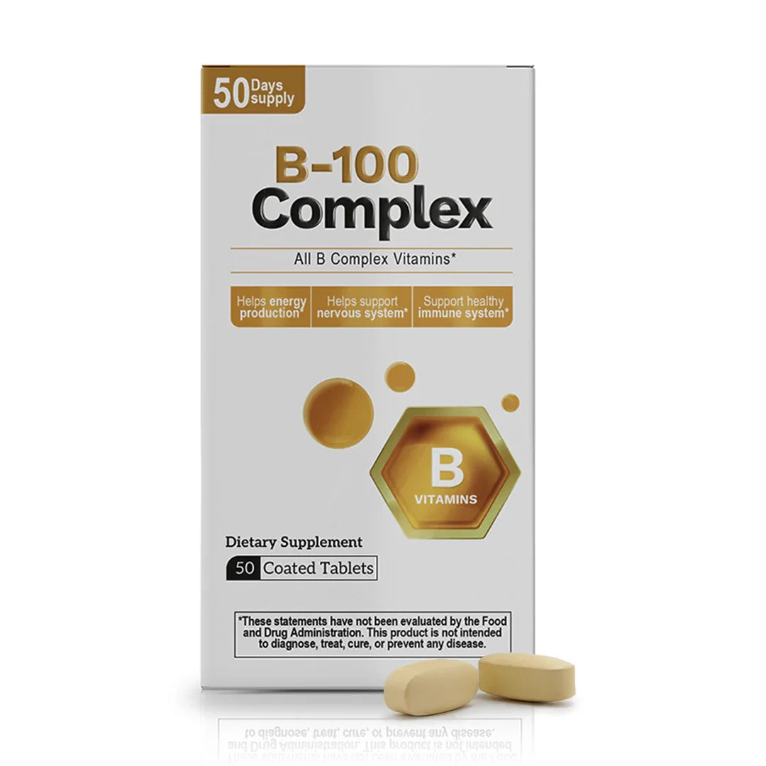 B-100 Complex dietary supplement box with 50 coated tablets and 50 day supply