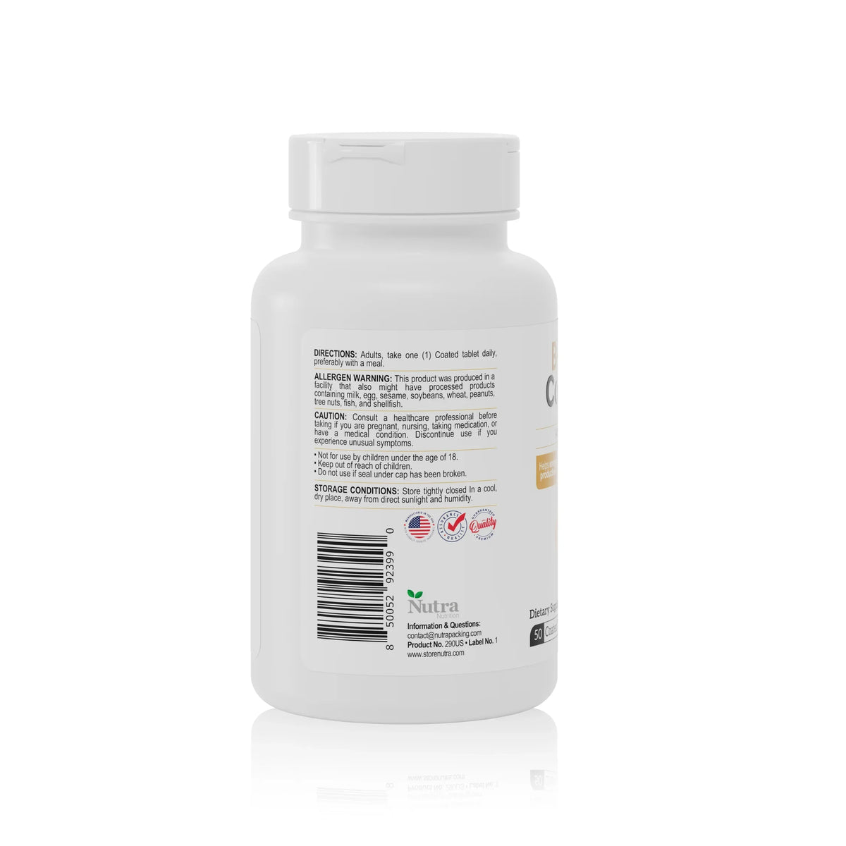 B-100 Complex supplement bottle back label with directions, allergen warning and barcode