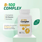 B-100 Complex complete B-vitamin formula supplement with 50 coated tablets, inositol and PABA