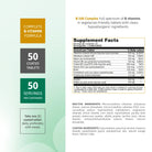 B-100 Complex supplement facts panel with complete B-vitamin formula, 50 coated tablets and 50 servings