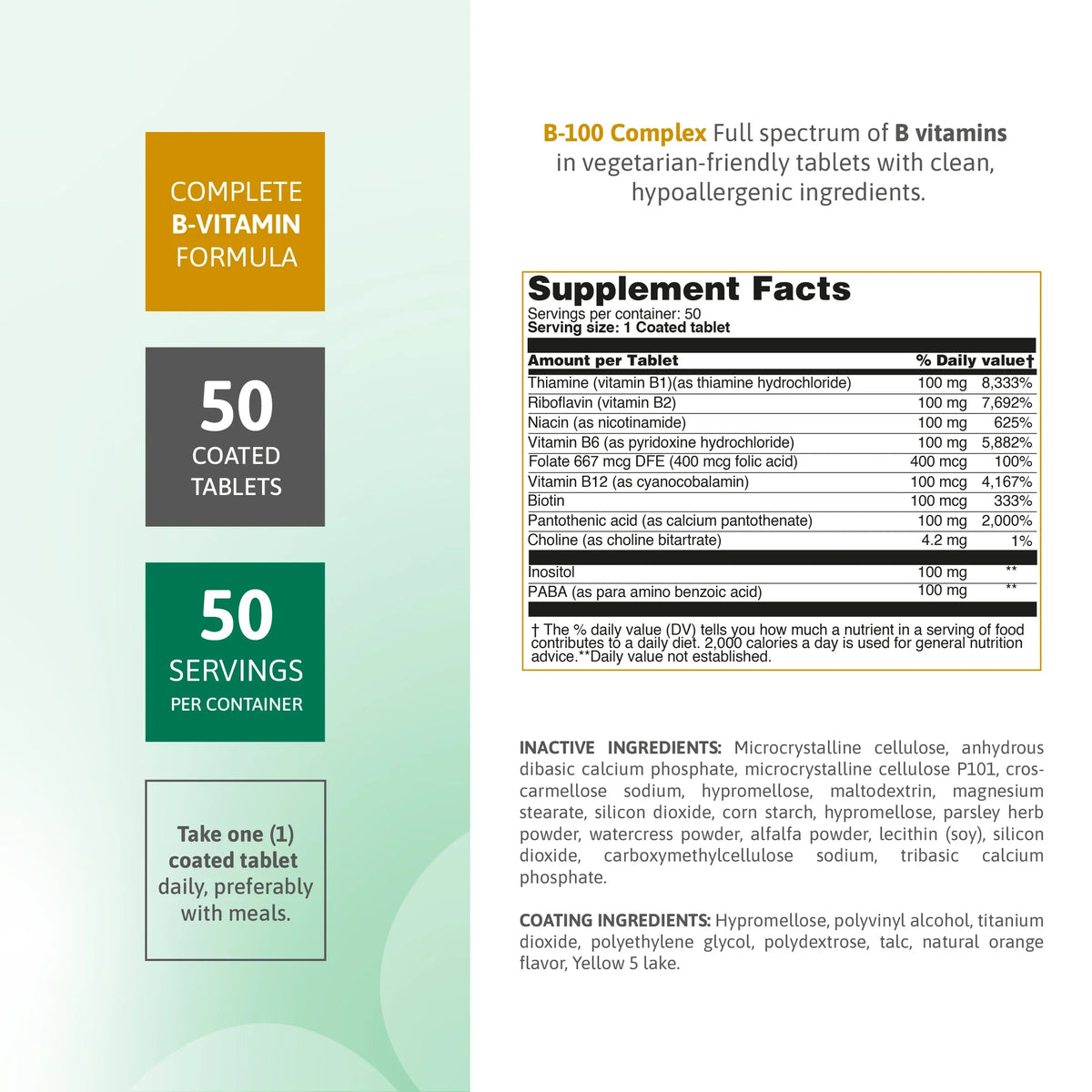 B-100 Complex supplement facts panel with complete B-vitamin formula, 50 coated tablets and 50 servings
