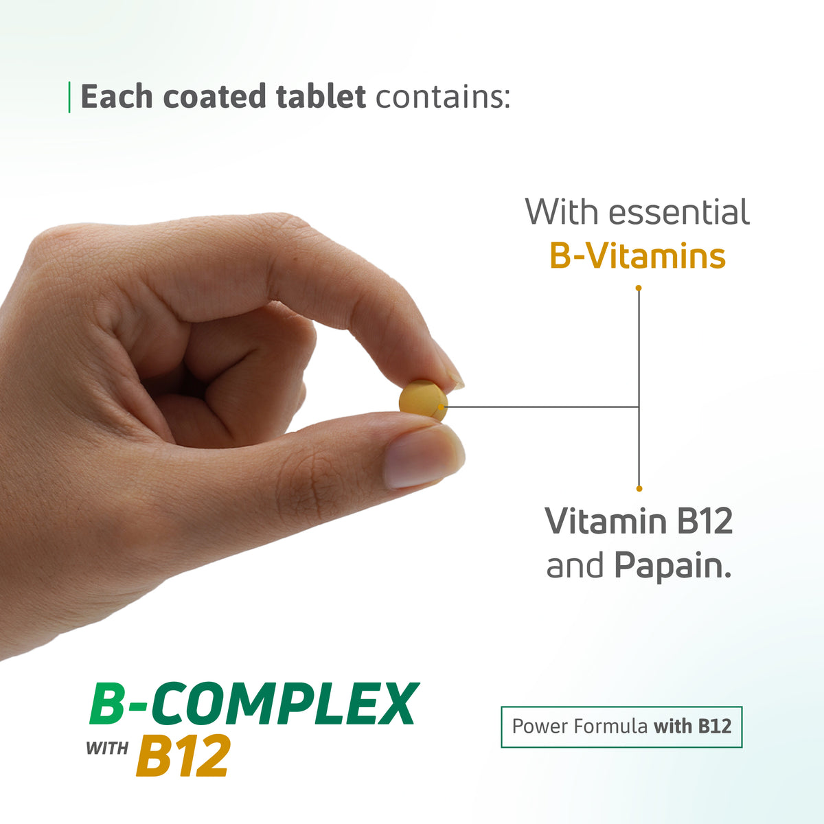 B-Complex with B12 coated tablet with essential B vitamins, vitamin B12 and papain enzyme
