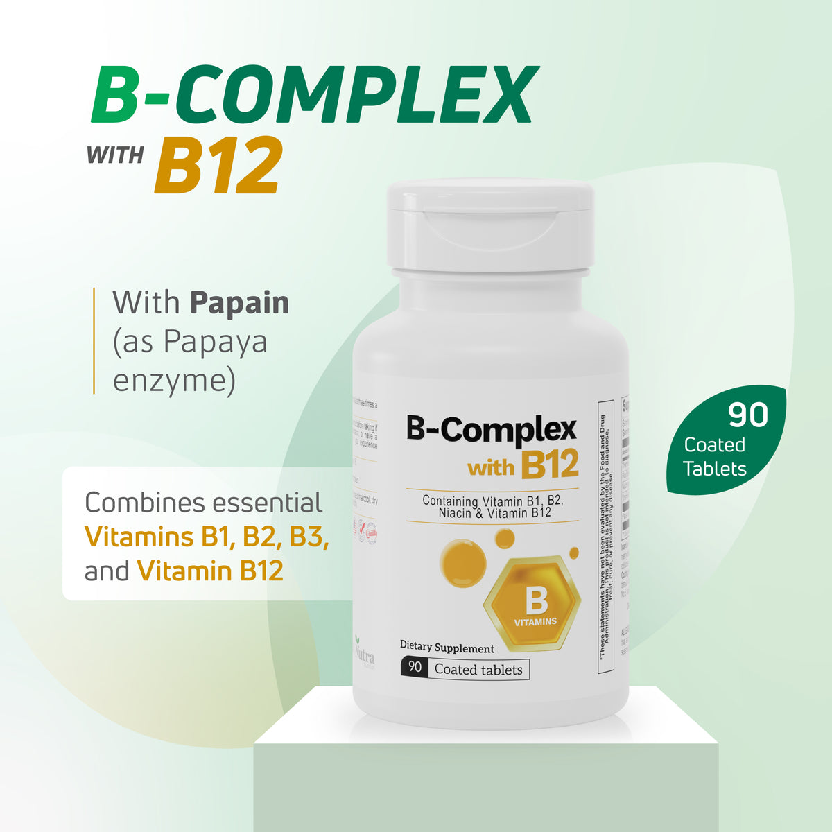 B-Complex with B12 supplement containing vitamin B1, B2, B3, vitamin B12 and papain enzyme