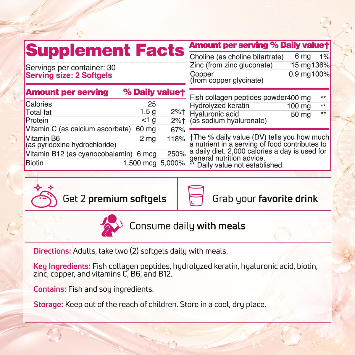 BenFit 3 Beauty supplement facts panel showing collagen peptides, keratin, hyaluronic acid, biotin, vitamins, minerals, serving directions, and ingredient information.