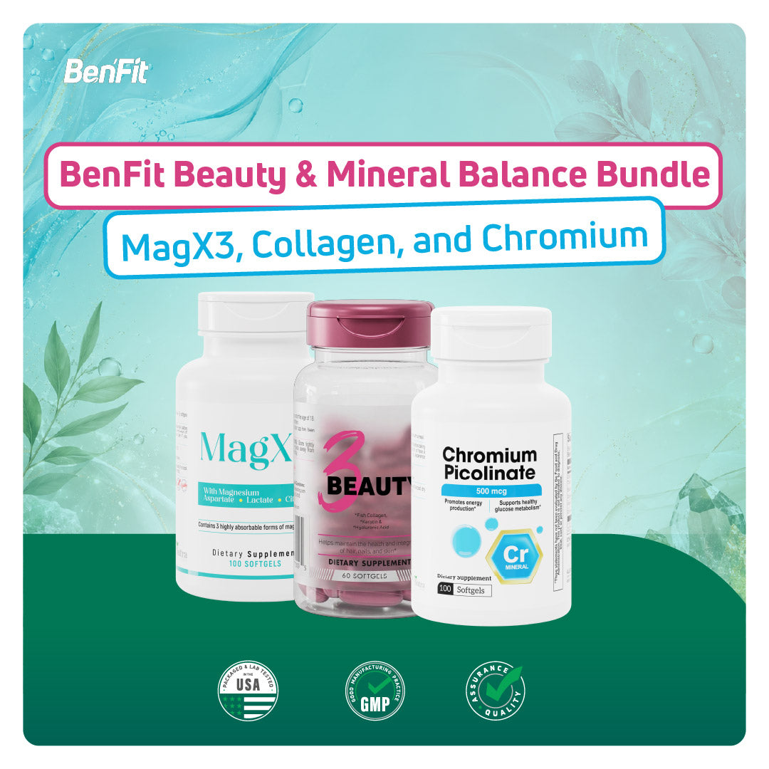 BenFit Beauty & Mineral Balance Bundle featuring MagX3 magnesium, 3 Beauty collagen softgels, and Chromium Picolinate to support beauty, mineral balance, and daily wellness.