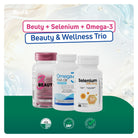 BenFit Beauty & Wellness Trio bundle featuring 3 Beauty, Selenium 200 mcg, and Omega 3 Fish Oil dietary supplements for daily beauty and wellness support.
