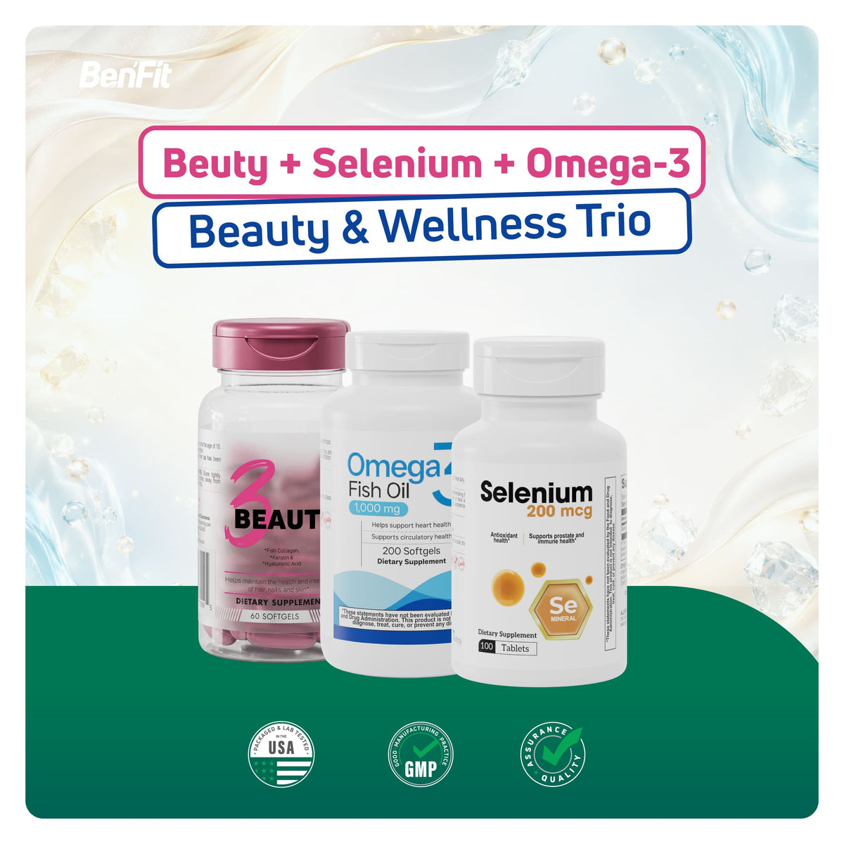 BenFit Beauty & Wellness Trio bundle featuring 3 Beauty, Selenium 200 mcg, and Omega 3 Fish Oil dietary supplements for daily beauty and wellness support.