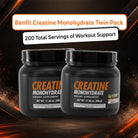 BenFit Creatine Monohydrate Twin Pack featuring two 500 g creatine monohydrate containers providing 200 total servings for workout and performance support.