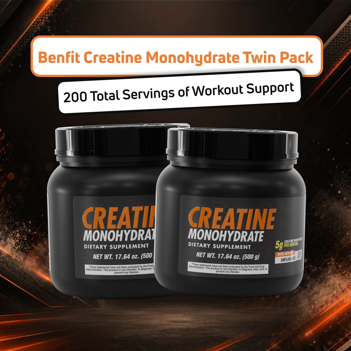 BenFit Creatine Monohydrate Twin Pack featuring two 500 g creatine monohydrate containers providing 200 total servings for workout and performance support.