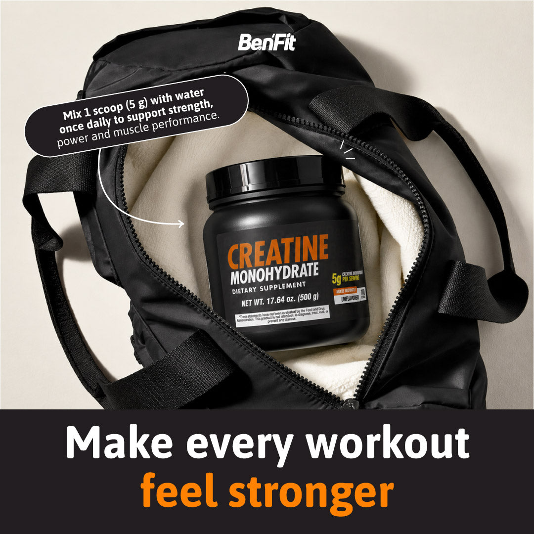 BenFit Creatine Monohydrate 5 g supplement shown in a gym bag for daily strength, power, and muscle performance support.
