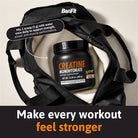 BenFit Creatine Monohydrate 5 g supplement shown in a gym bag for daily strength, power, and muscle performance support.