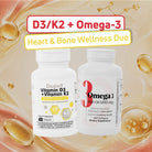 BenFit Heart & Bone Wellness Duo featuring Vitamin D3 + K2 and Omega 3 Fish Oil dietary supplements for daily wellness support.
