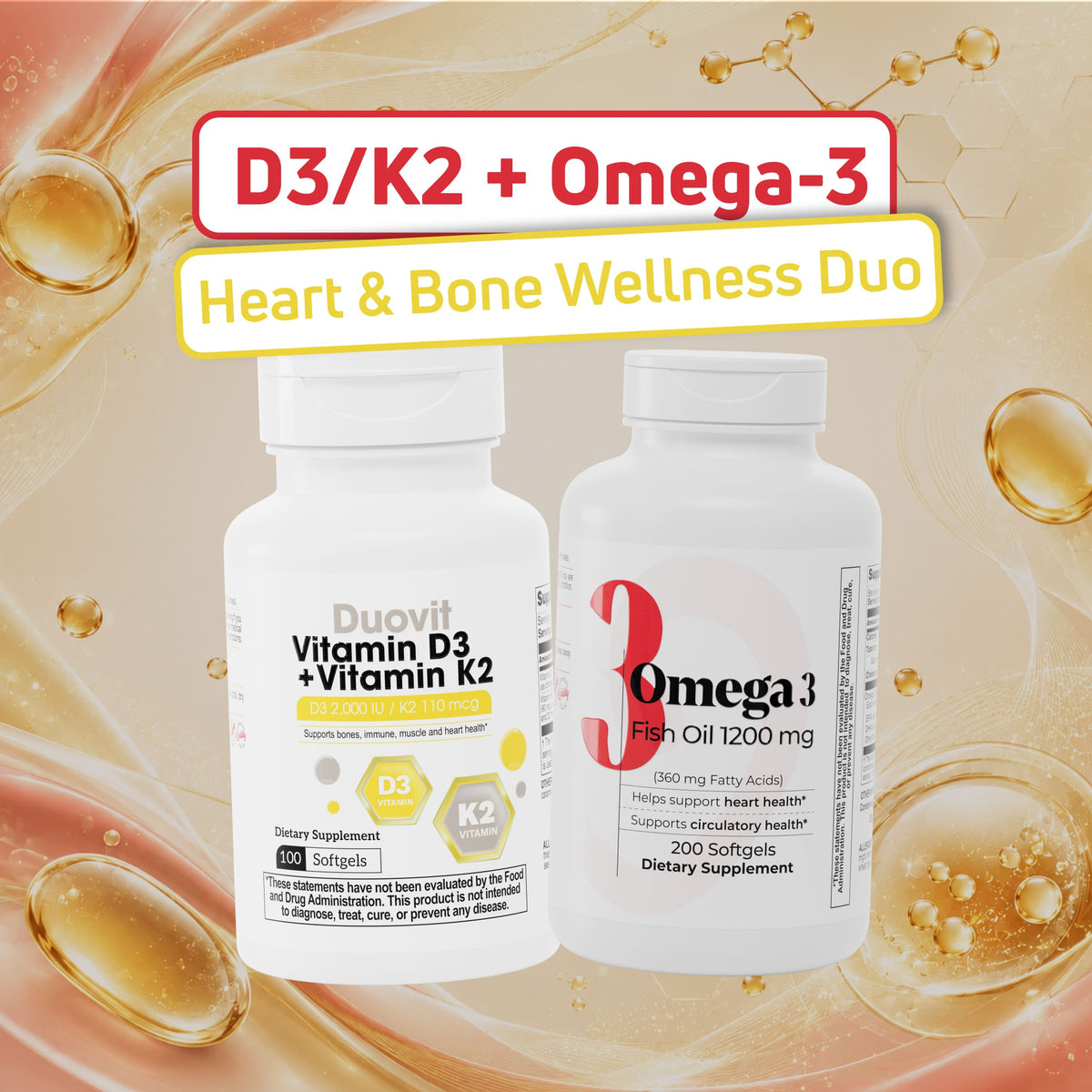 BenFit Heart & Bone Wellness Duo featuring Vitamin D3 + K2 and Omega 3 Fish Oil dietary supplements for daily wellness support.