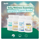 BenFit Daily Wellness Essentials Complete Support Bundle featuring Magnesium, Trace Mineral Complex, Omega 3 Fish Oil, and Vitamin D3 + K2 dietary supplements.