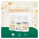 BenFit Daily Wellness Trio featuring Trace Mineral Complex, Selenium 200 mcg, and Duovit Vitamin D3 + K2 for comprehensive daily nutritional support.
