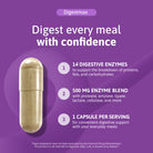 DigestMax digestive enzyme supplement highlighting 14 digestive enzymes, a 500 mg enzyme blend, and one capsule per serving for daily digestive support.