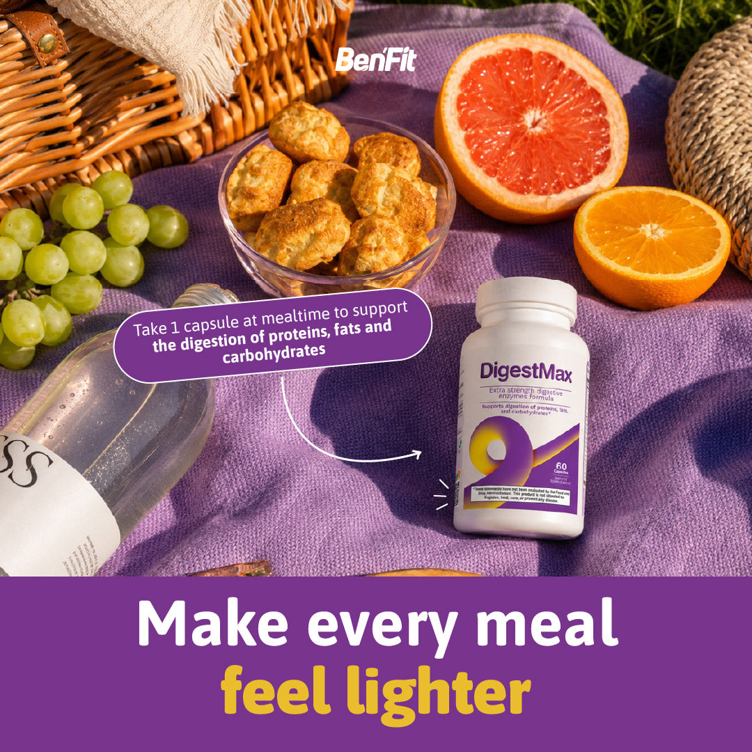 DigestMax digestive enzyme supplement displayed with a healthy meal, highlighting digestive enzyme support for proteins, fats, and carbohydrates.