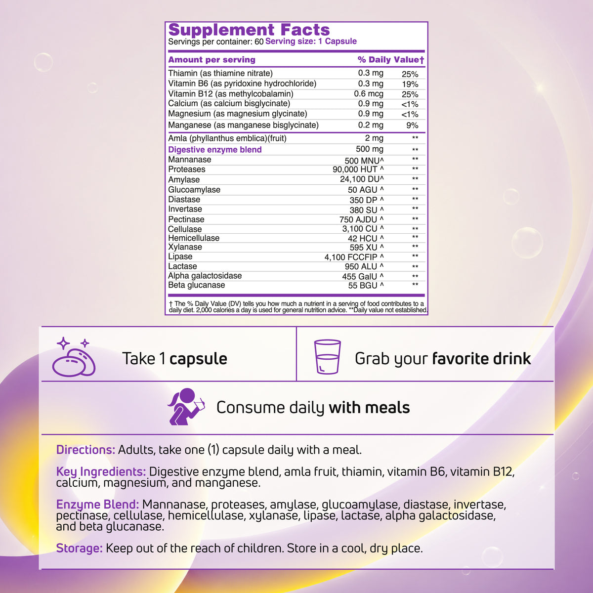 DigestMax digestive enzyme supplement facts panel showing serving directions, enzyme blend, key ingredients, and storage instructions.